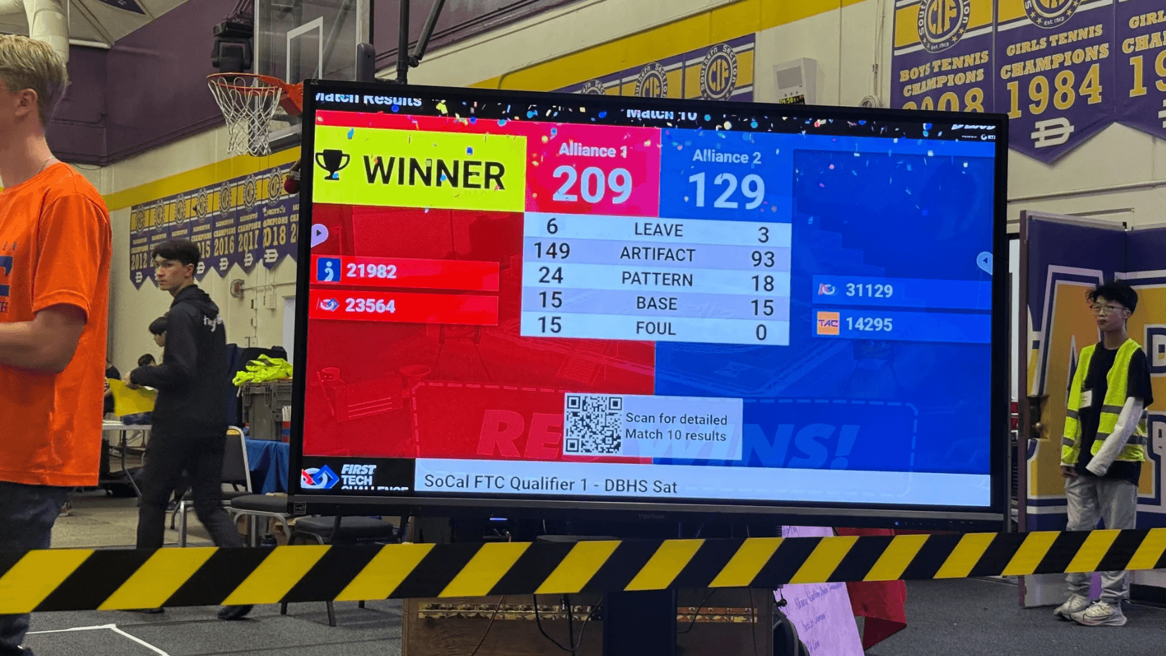 FIRST Tech Challenge match results screen showing EIA Robotics on the winning alliance.